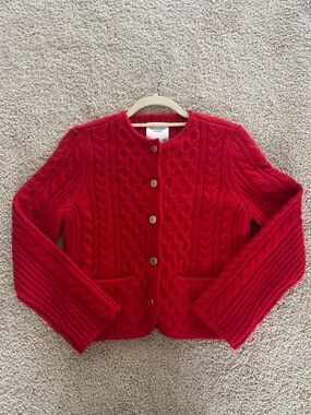 Abercrombie & Fitch Bright Red Cable Cardigan with Gold Buttons